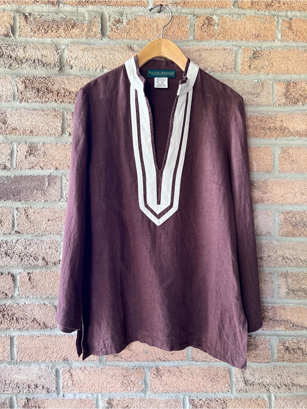 Harvé Benard Vintage 100% Linen Plum Tunic Top Contrast Trim Size Small